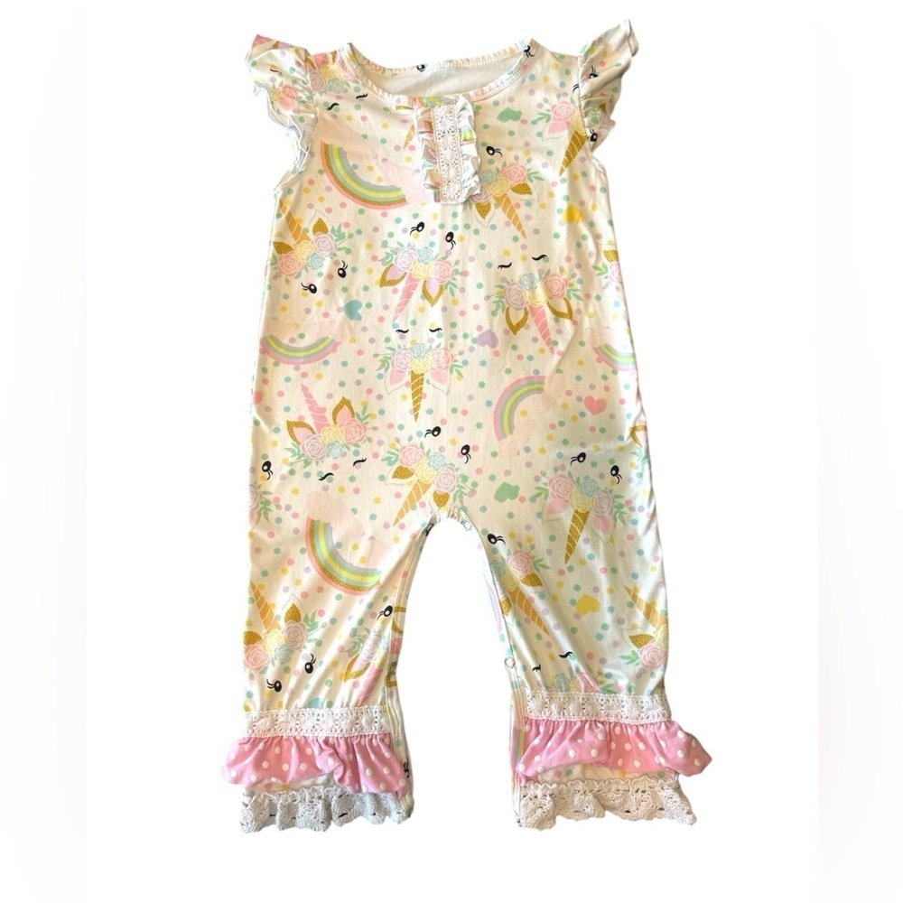 Unicorn rainbow polkadot ruffle short sleeve jumpsuit birthday outfit size 2T